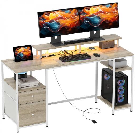 Mesa de Escritorio con Luces LED Cajones Tomas de Corriente Puertos USB y Soporte para Monitor 155,5x48x88,5 cm Natural [9]