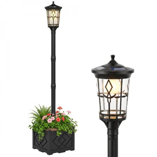 Farola Solar Exterior de Jardín con Macetero 2 Modos de Brillo 100/50 lm IP44 Encendido/Apagado Automático Negro [8]
