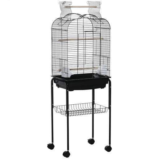 Jaula para Pájaros con Soporte Jaula de Aves Canarios con 4 Ruedas Techo Abrible 2 Comederos 3 Perchas Bandeja Extraíble y Estante Inferior 46x36x130 cm Negro [8]
