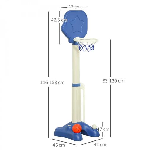 Canasta de Baloncesto 2 en 1 Canasta de Baloncesto Infantil con Aro Ajustable en Altura de 83-120 cm Pelotas y Palo de Golf 46x41x116-153 cm Azul y Blanco [1]