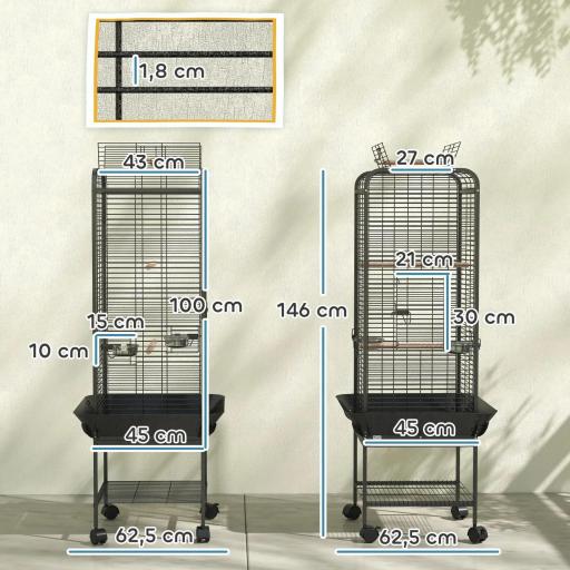 Jaula para Loros con Ruedas Perchas Comederos Estante y Bandeja Extraíble 62,5x62,5x146 cm Gris Oscuro [1]