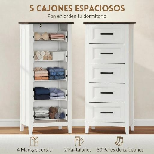 Cómoda Dormitorio Estrecho y Alto con Encimera Efecto Madera Cajonera para Espacios Pequeños 45x35x106 cm Blanco [5]