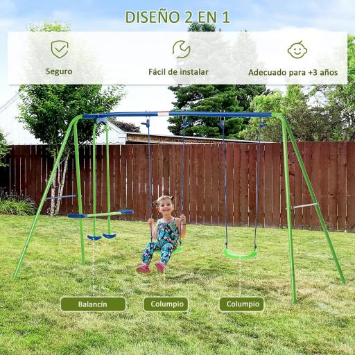 Juego de Columpios de Jardín de Metal con Altura Ajustable 2 Columpios y Balancín 280x140x178 cm Verde y Azul [4]