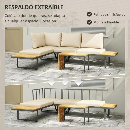 Conjunto de Sofás de Exterior Modular de Acero y Madera de Acacia con Mesa Auxiliar y Cojines Extraíbles [4]