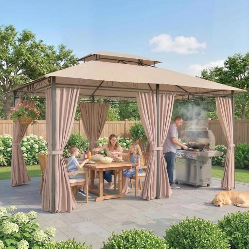 Cenador para Jardín 3x4 m Pabellón de Jardín Gazebo con Doble Techo 6 Paredes Laterales Estructura Metálica Caqui [5]