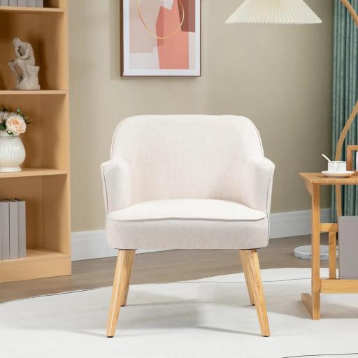 Butaca de Salón Moderna Sillón Tapizado en Lino Sintético Patas de Madera para Dormitorio Oficina 64,5x65x79,5 cm Crema [5]