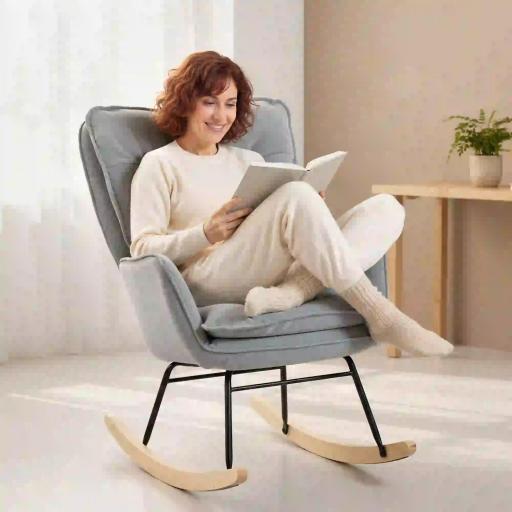 Silla Mecedora con Patas de Madera de Haya y Reposabrazos Mecedora para Lactancia Carga 120 kg para Dormitorio Gris [4]