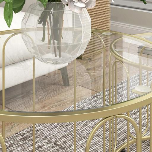 Conjunto de 2 Mesas Auxiliares Tipo Nido con Estructura de Metal y Encimera de Cristal Ø50x50 cm y Ø40x40 cm Dorado [9]
