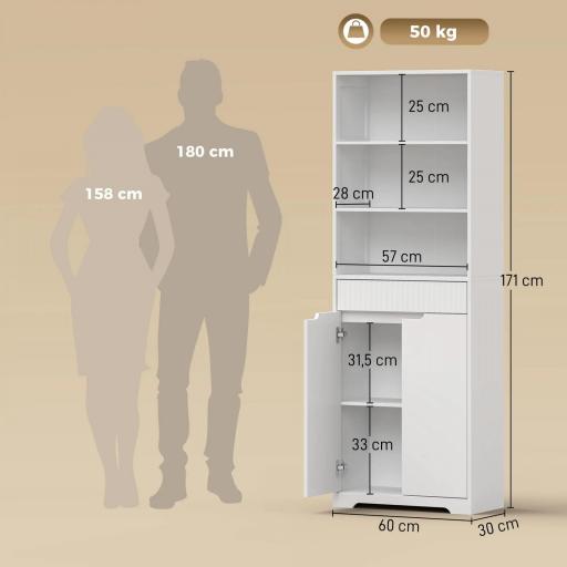 Armario Alto de Baño Columna de Baño Estrecha con 3 Estantes Abiertos Cajón Acanalado Estante Ajustable Blanco [1]