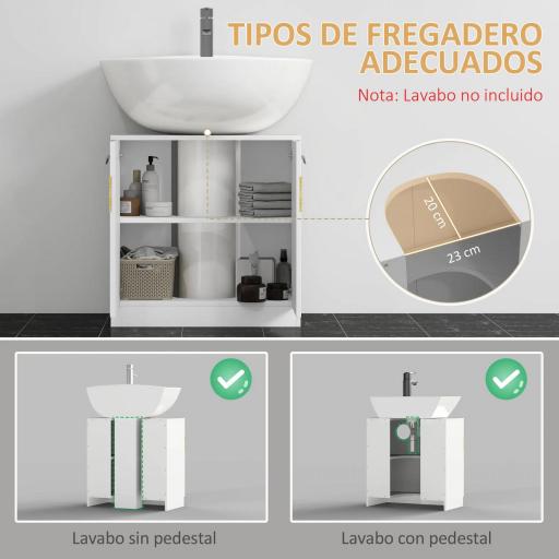 Mueble para Debajo del Lavabo Armario Baño de Suelo de Madera con 2 Puertas y Estante Interior Estilo Moderno 60x30x60,5 cm Blanco [2]