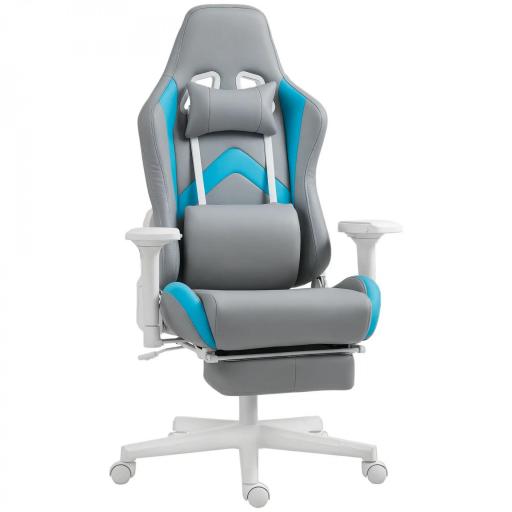 Silla Gamer Reclinable con Altura Ajustable Reposapiés Retráctil Soporte Lumbar y Reposacabezas Gris Claro y Azul [9]