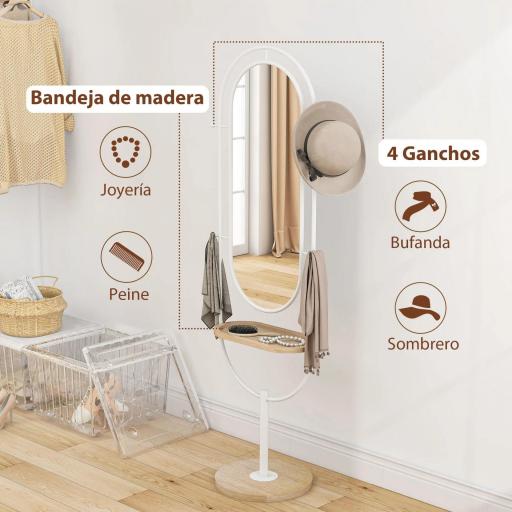 Espejo de Cuerpo Entero 175,5x50 cm con Bandeja de Madera 4 Ganchos y Marco de Metal para Salón Dormitorio Blanco [4]