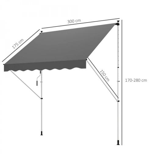 Toldo Manual Retráctil 300x150x170-280 cm con Altura Ajustable Manivela y Protección Solar para Terraza Gris [1]