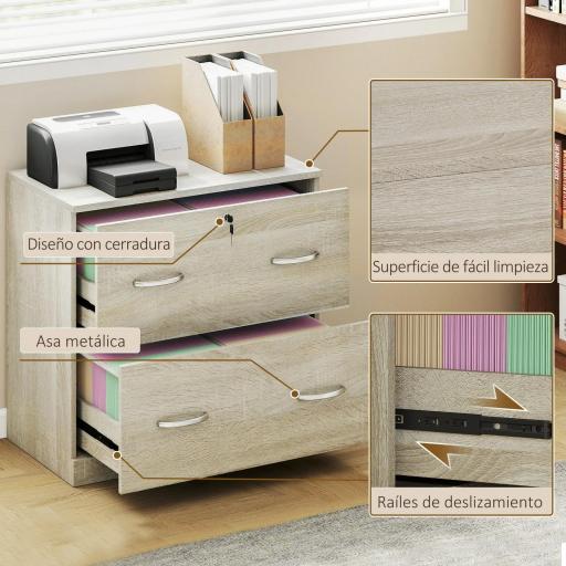 Cajonera de Escritorio con 2 Cajones con Guías para Carpetas Colgantes para A4 Cerradura y 2 Llaves 77x42x72 cm Natural [5]