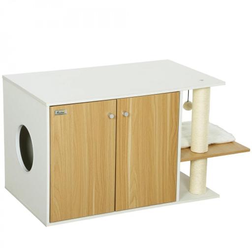Mueble Arenero para Gatos con Centro de Juegos Cojín Pelota Puerta Lateral y Patas Antideslizantes 94x48x50,5cm Blanco [7]