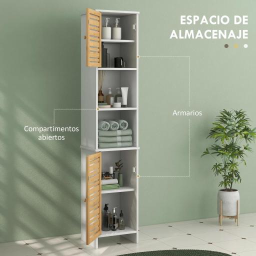 Mueble Auxiliar de Baño con Estantes Ajustables y Puertas de Bambú Anti-vuelco 35x30x170 cm Blanco y Natural [2]