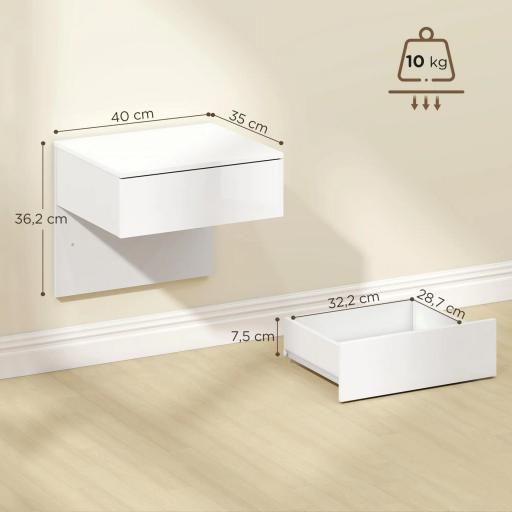 Juego de 2 Mesitas de Noche Flotantes con Cajón Montado en la Pared para Dormitorio 40x35x36,2 cm Blanco Brillo [1]