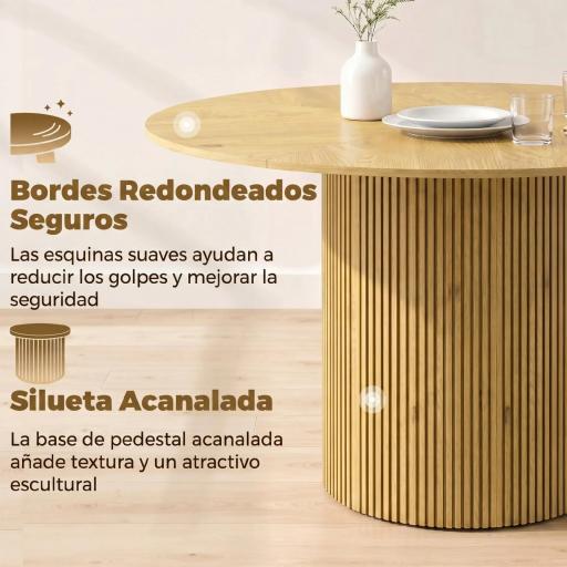 Mesa de Comedor Redonda Moderna para 4-6 Personas Mesa de Cocina de 110 cm con Base Cilíndrica Acanalada Roble [4]