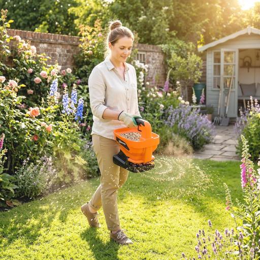 Esparcidor Portátil 3,3 L 8 Niveles de Flujo Ancho Dispersión Ajustable Puerto USB para Césped Sal hasta 800 m² Naranja [0]
