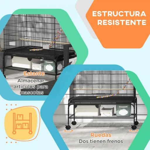 Jaula para Pájaros con Ruedas Comederos Perchas Bandeja Extraíble y Estante Inferior 97x58x160 cm Negro [2]