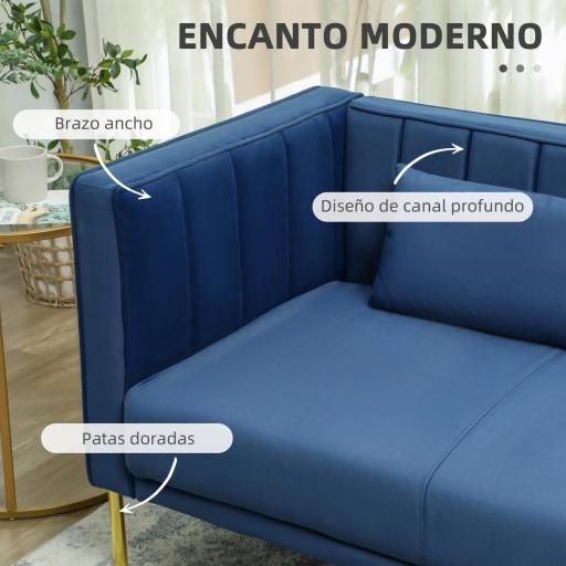 Sofá de 3 Plazas con Tapizado Aterciopelado Estructura Reforzada y Patas Doradas para Salón 194,5x76x76 cm Azul Marino [5]