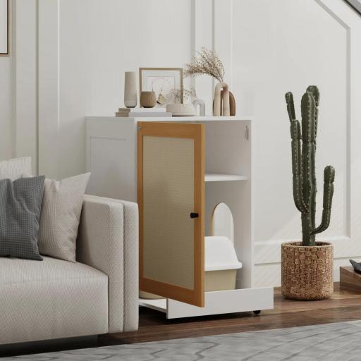 Mueble Arenero para Gatos con Bandeja Extraíble Compartimentos y Tapete para Rascar 57x50x80,5 cm Blanco y Roble [6]