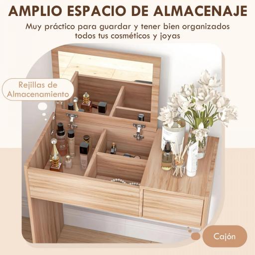 Tocador Compacto con Espejo Abatible y Cajones y Taburete Estilo Minimalista Escritorio Pequeño 80x40x79cm Madera Natural [6]