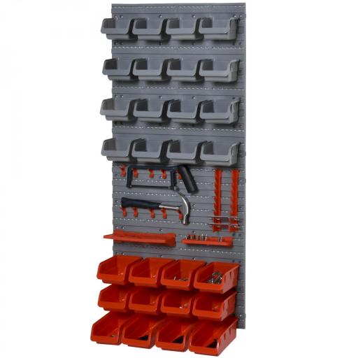 Estantería de Pared para Herramientas de 44 Piezas 95x54 cm con 28 Cajas Apilables y Diferentes Ganchos Gris y Rojo [3]