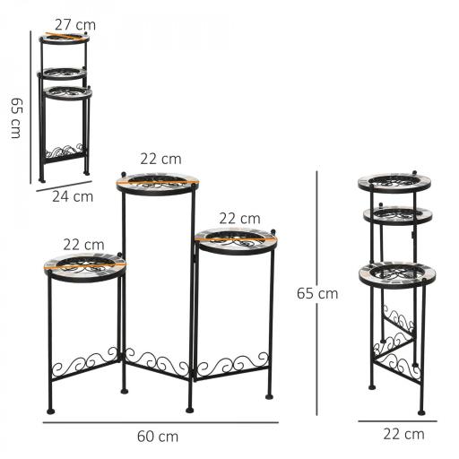 Soporte para Plantas de Metal Mecetas Plegable Estantería para Flores con 3 Estantes y Bordes de Azulejo para Decoración Interiores y Exteriores 60x22x65 cm Negro [1]