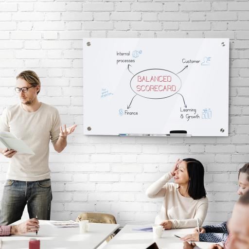 Pizarra de Cristal con Bandeja Pizarra de Pared sin Marco Incluye 4 Rotuladores y Borrador 90x60x0,45 cm Blanco