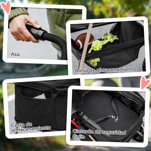 Carrito para Perros Plegable 3 en 1 con Cesta de Almacenaje Ventana de Malla y Sistema de Seguridad 76x50x102 cm Negro [1]
