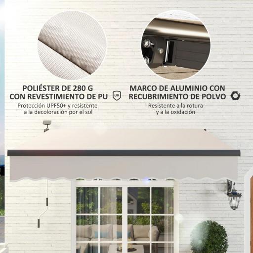 Toldo Retráctil Manual con Luces LED Solares Inclinación Ajustable 45-90° y Protección UPF50+ Exterior 3x2,5 m Crema [7]