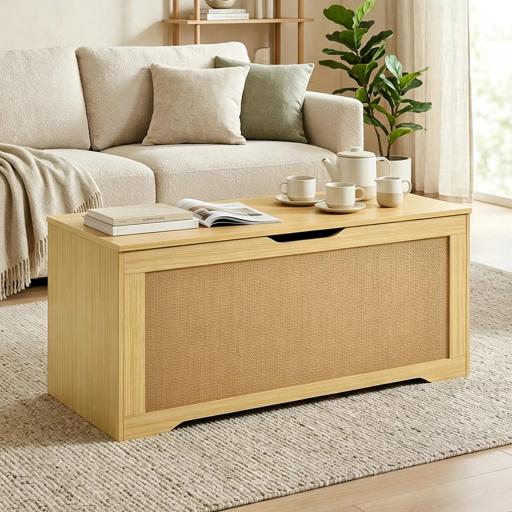 Baúl de Almacenaje 136L Banco de Almacenaje con Panel de Ratán Tapa Brazos de Soporte para Recibidor 100x40x45cm Roble [3]