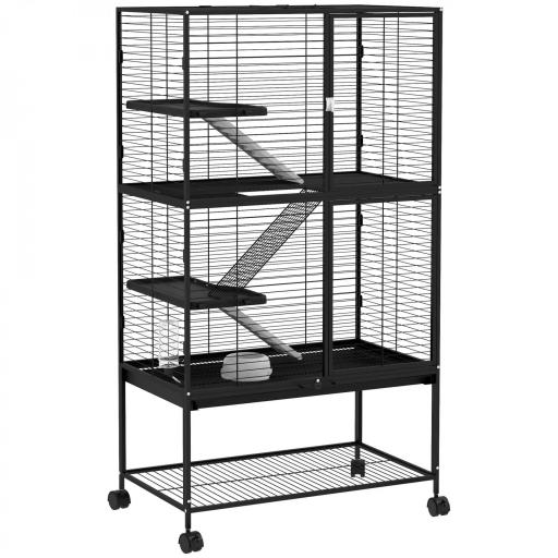 Jaula para Animales Pequeños de 4 Niveles con Ruedas Rampa Comedero Bebedero y Bandeja Extraíble 78x45,5x136 cm Negro [9]