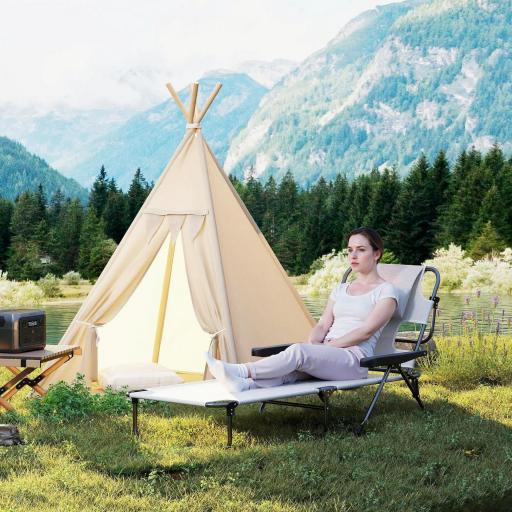 Tumbona de Jardín Plegable con Respaldo Ajustable en 4 Niveles Orificio de Lectura y Reposacabezas 145x72x89 cm Crema [6]