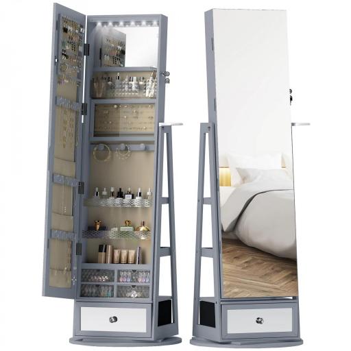 Espejo Joyero con Luces LED Armario Joyero con Espejo Entero Giratorio de 360° Cajón Cerradura Gris Claro [9]