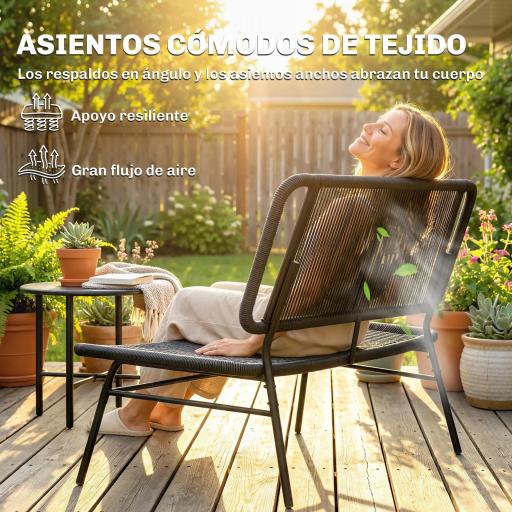 Sofá Exterior de Ratán de 2 Plazas con Asiento y Respaldo Tejidos de Ratán Estructura de Acero Carga 240 kg Negro [2]