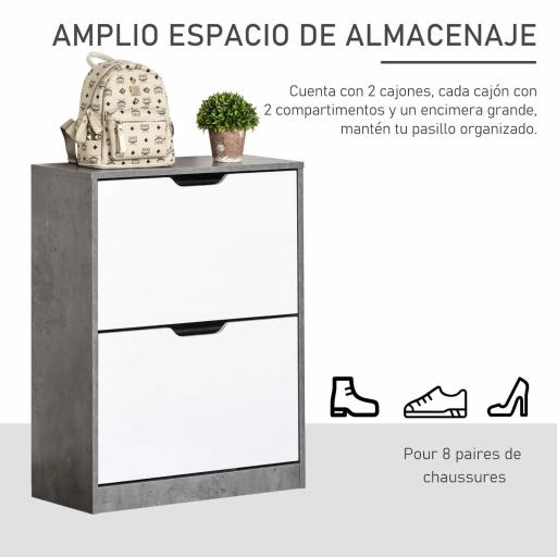 Mueble Zapatero Moderno con 2 Cajones Abatibles Estantes Ajustables para 8 Pares de Zapatos 62,5x26x81 cm Gris [2]