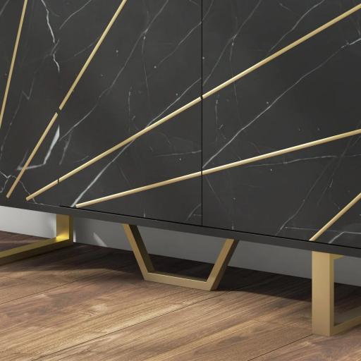 Aparador de Salón con 2 Armarios y Estante Interior Ajustable Buffet acabado Efecto Mármol 107x35x75 cm Negro y Dorado [9]