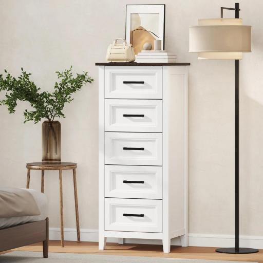 Cómoda Dormitorio Estrecho y Alto con Encimera Efecto Madera Cajonera para Espacios Pequeños 45x35x106 cm Blanco