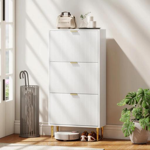 Zapatero Estrecho con 3 Puertas Acanaladas con Estantes Ajustables para 18 Pares de Zapatos 60x24x128 cm Blanco [6]