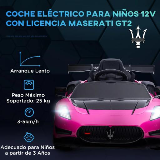 Coche Eléctrico para Niños de +3 Años Maserati GT2 con Mando a Distancia Faros LED Bocina Música Ruedas Auxiliares Rosa [4]