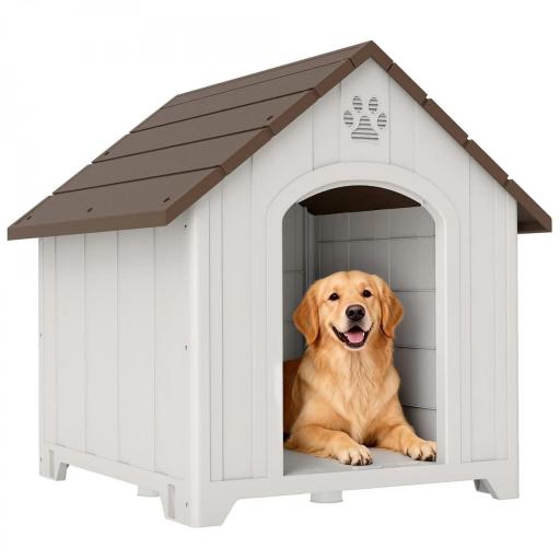 Caseta para Perros Exterior Casa para Perros Grandes de Plástico con 2 Ventanas Base Elevada Estacas Marrón Oscuro [10]