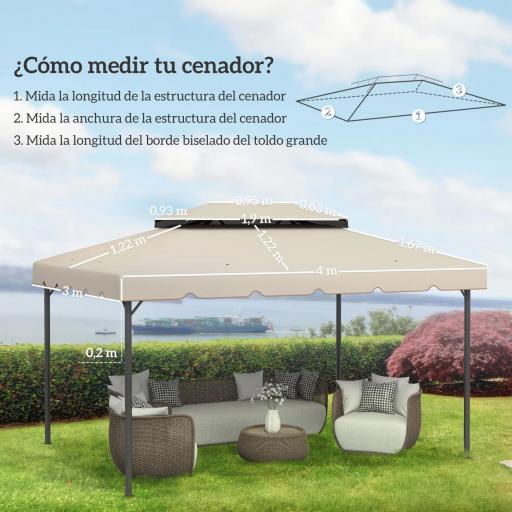 Toldo de Recambio para Cenador 4x3 m con Techo Doble Orificios de Drenaje Solo Toldo NO Incluye Marco Beige [1]