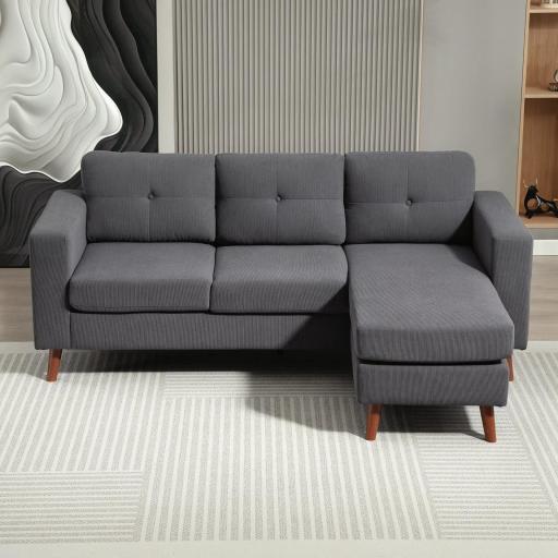 Sofá Chaise Longue Reversible de 3 Plazas Tapizado en Pana Marco de Acero para Espacios Reducidos Gris Oscuro [7]