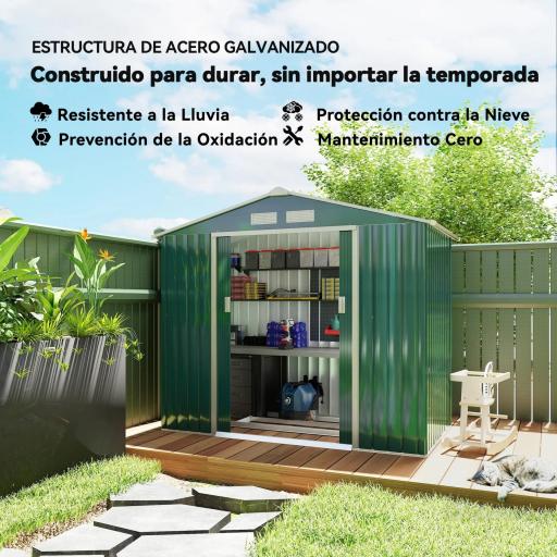 Caseta de Jardín 213x130x185 cm Cobertizo Metálico de Exterior para Almacenamiento de Herramientas Verde Oscuro [2]