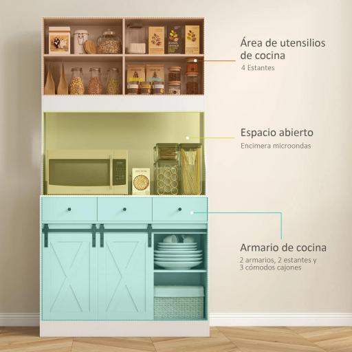Alacena de Cocina con 2 Puertas Corredizas 3 Cajones Encimera para Microondas y Estantes Ajustables Blanco 93,5x40x180cm [2]