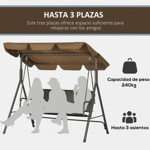 Balancín de Jardín Exterior de 3 Plazas con Toldo Ajustable Asiento de Ratán PE y Reposabrazos 167x112x153 cm Marrón [5]