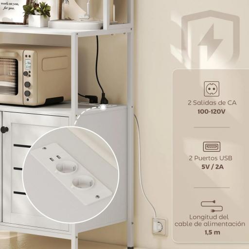 Estantería de Cocina con Toma de Corriente Soporte para Microondas con 2 Puertas 2 Puertos USB y Compartimentos Blanco [2]