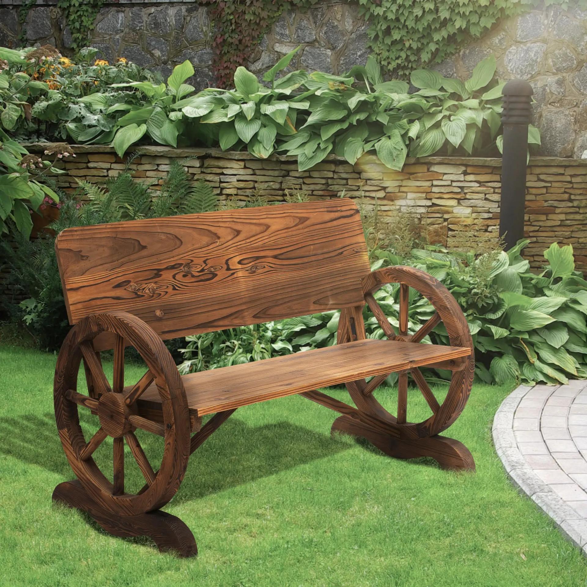 Banco de Exterior de Madera con Reposabrazos y 2 Ruedas Decorativas Estilo Rústico Carga 250 kg 114x58x80 cm Carbonizado